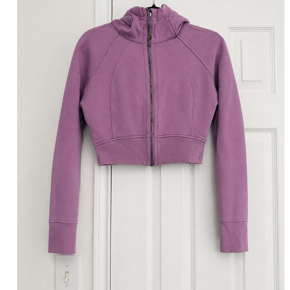 Lululemon Scuba Full Zip Cropped Hoodie Size 4 Purple Thumbholes Pocketless - Picture 2 of 5